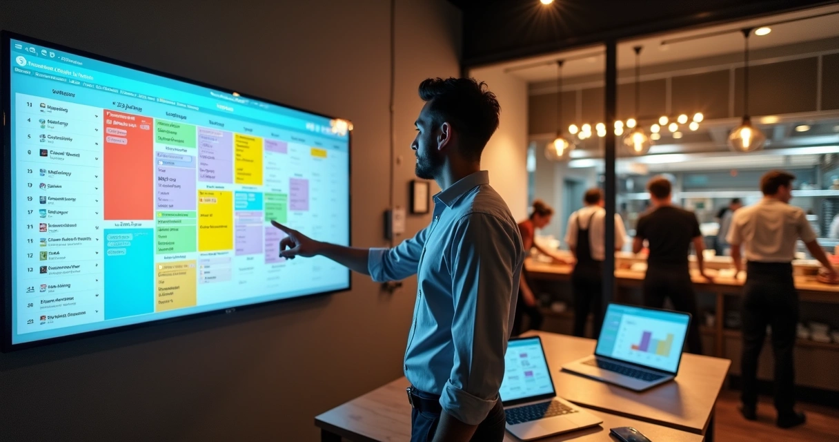Gerente de restaurante ajustando escala de trabalho em quadro digital com equipe ao fundo 