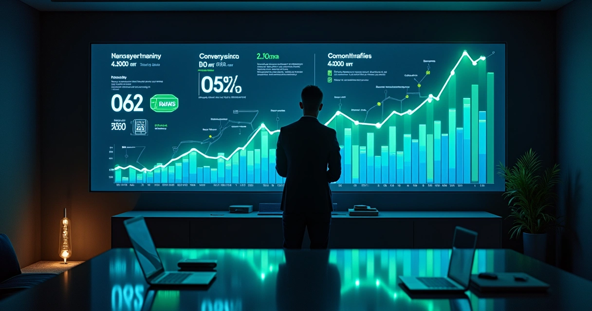 Painel com gráficos de marketing em tela gigante e números em alta 