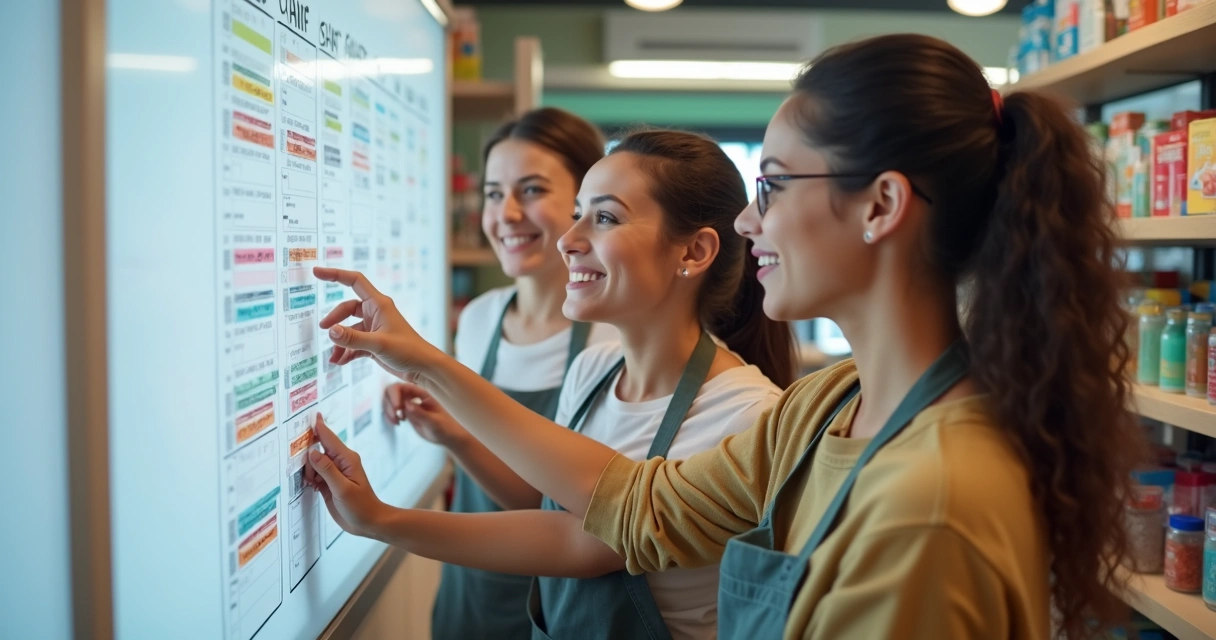 Funcionários de uma pequena loja organizando escala de turnos em quadro branco 