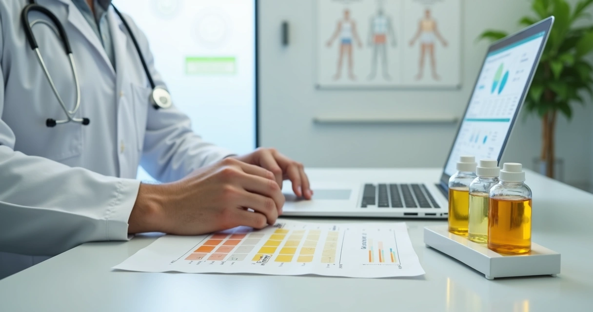 Nutricionista analisando amostras de urina com escala de cores em contexto de nutrição esportiva 