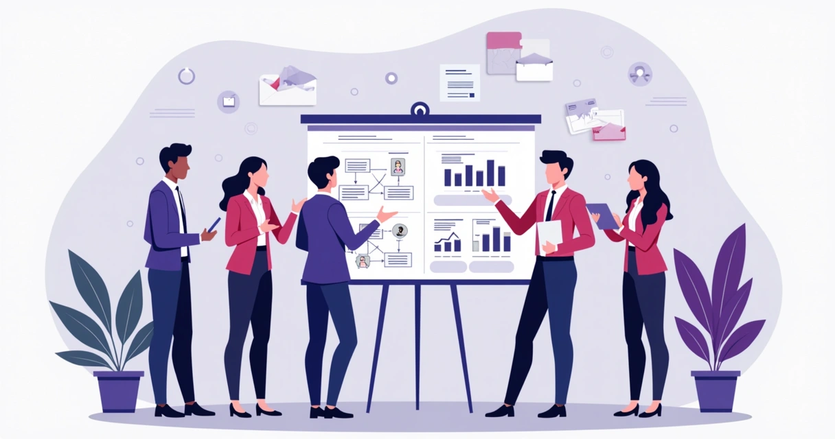 Equipe revisando processos de vendas em um painel digital 