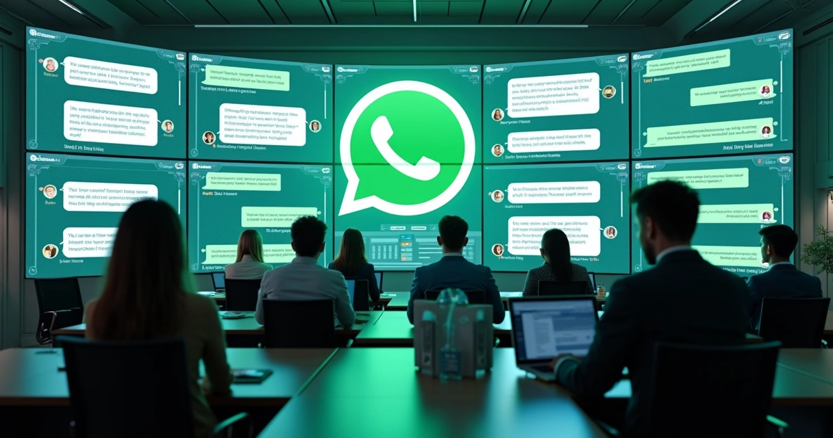 Equipe de atendimento gerenciando múltiplos chats no WhatsApp em grande tela digital 