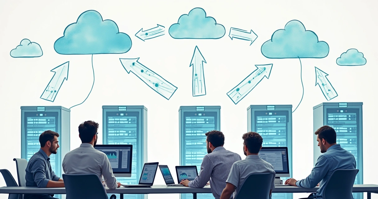 Desenho de servidores em nuvem conectados por funções automatizadas 