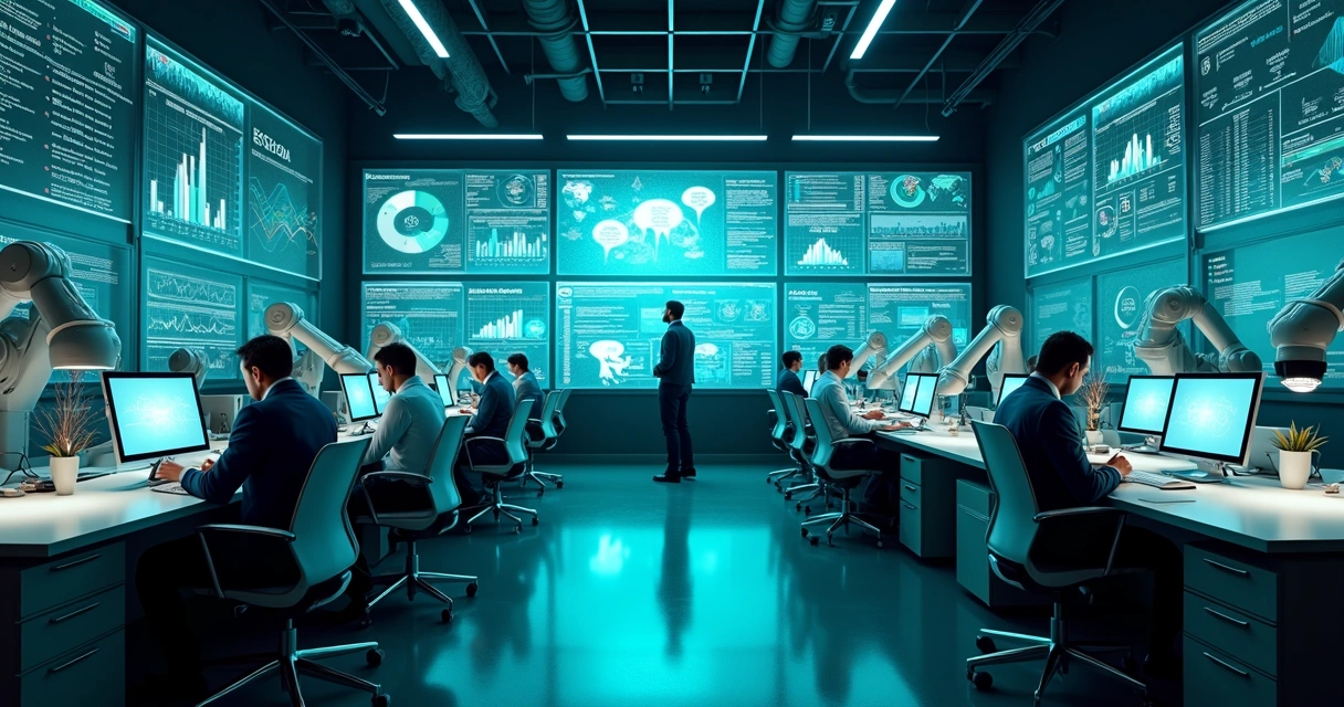 Conceito de robôs acelerando processos enquanto equipe acompanha resultados em painéis digitais. 