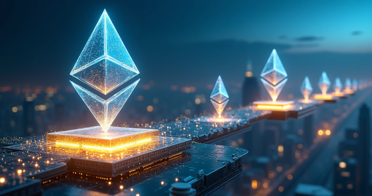 Comparação visual entre Ethereum mainnet e soluções L2 em cenário tecnológico futurista 