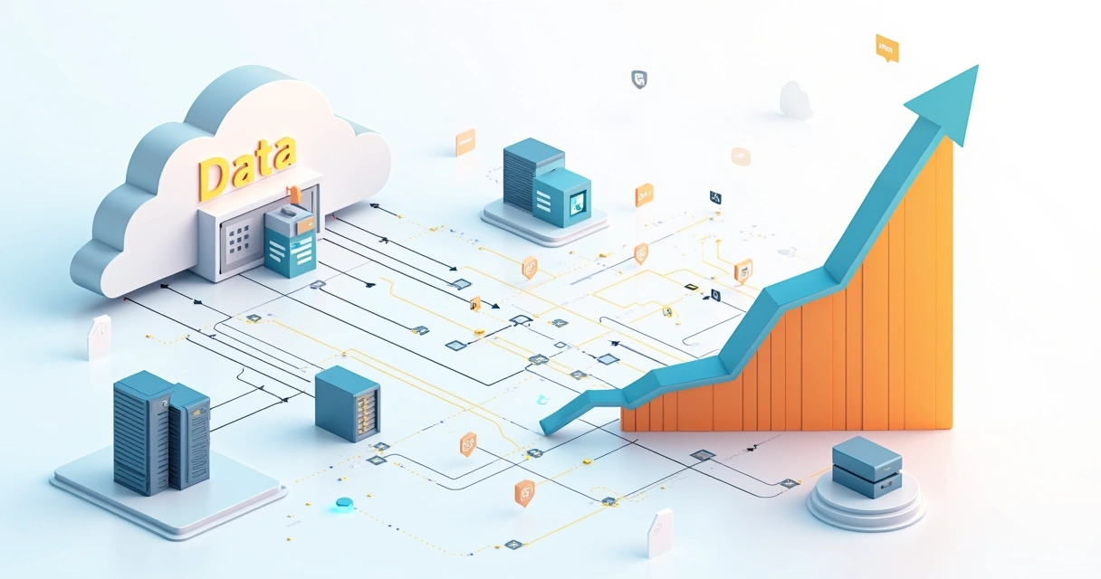Fluxo de sistemas conectados com gráfico mostrando crescimento de volume de dados 