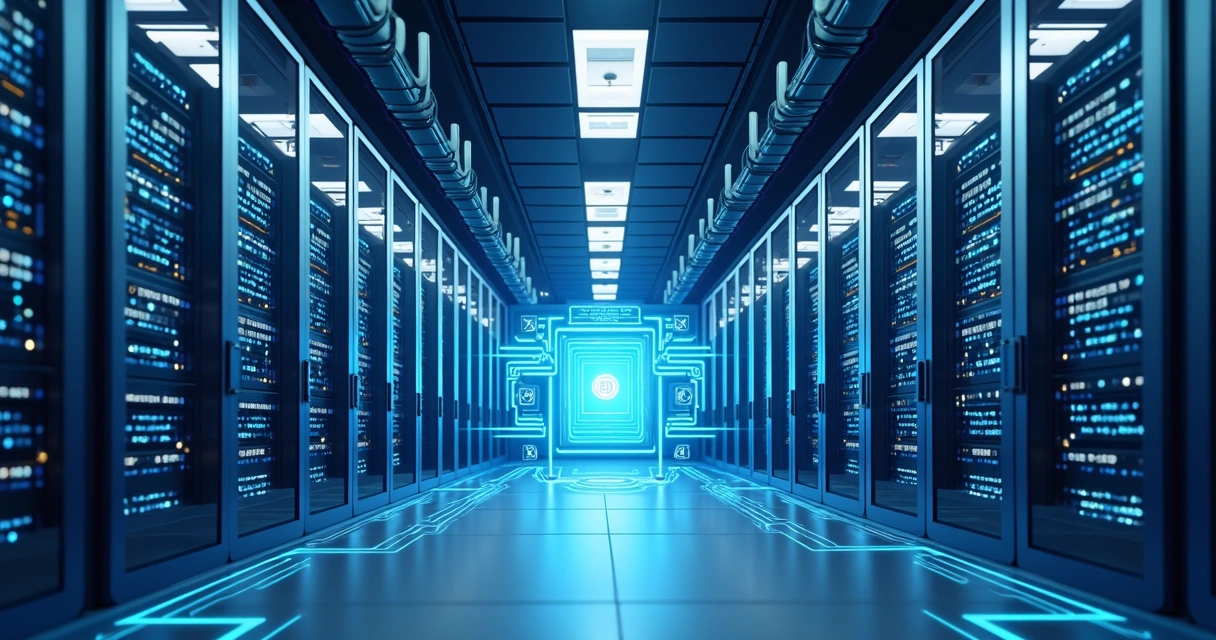 Ilustração de um cluster de servidores representando distribuição de dados. 