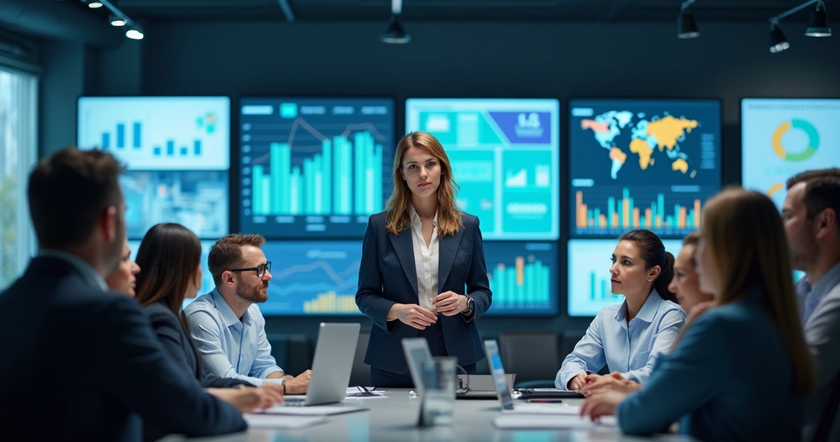 Gestora de atendimento orientando equipe com dashboards ao fundo 