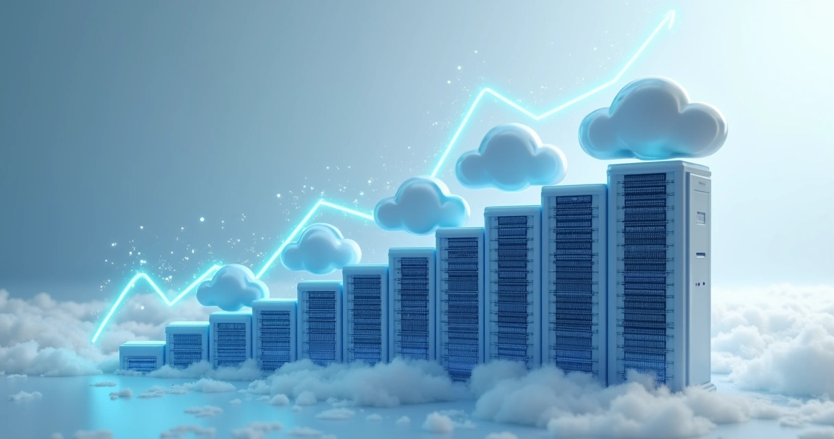 Ilustração de software crescendo em servidores nuvem 