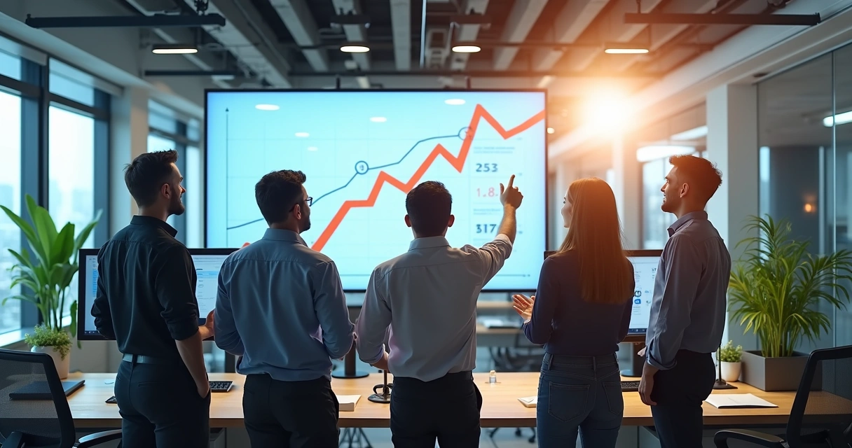 Pequeno time de TI com gráfico de crescimento ao fundo 