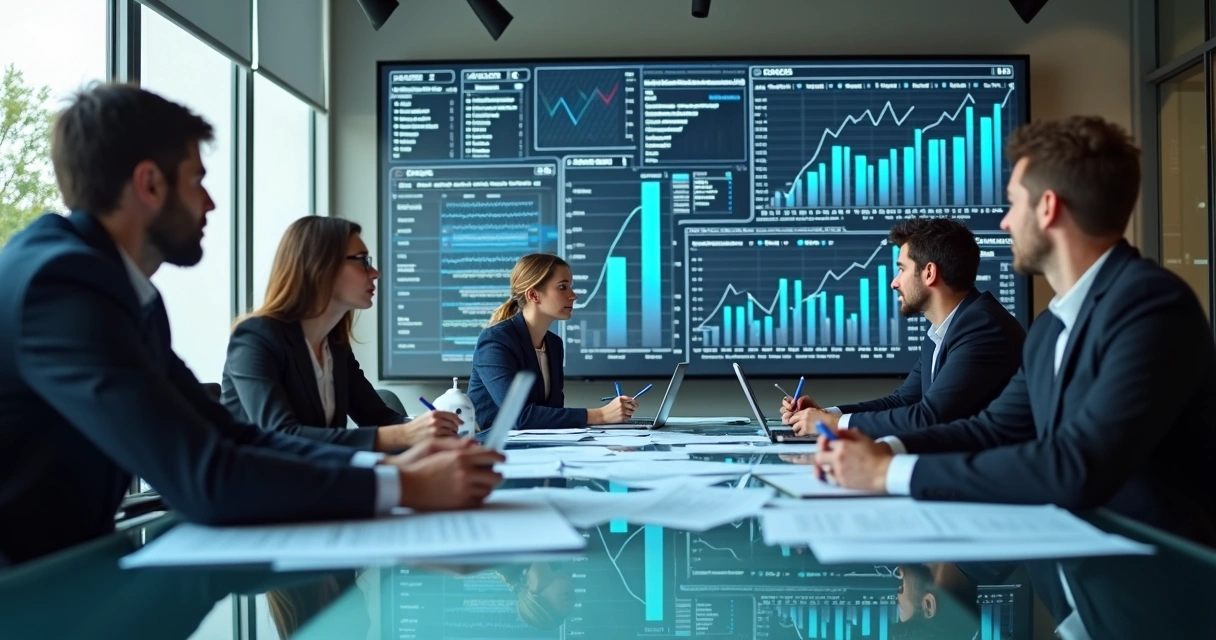 Gráficos de crescimento e equipe analisando resultados 