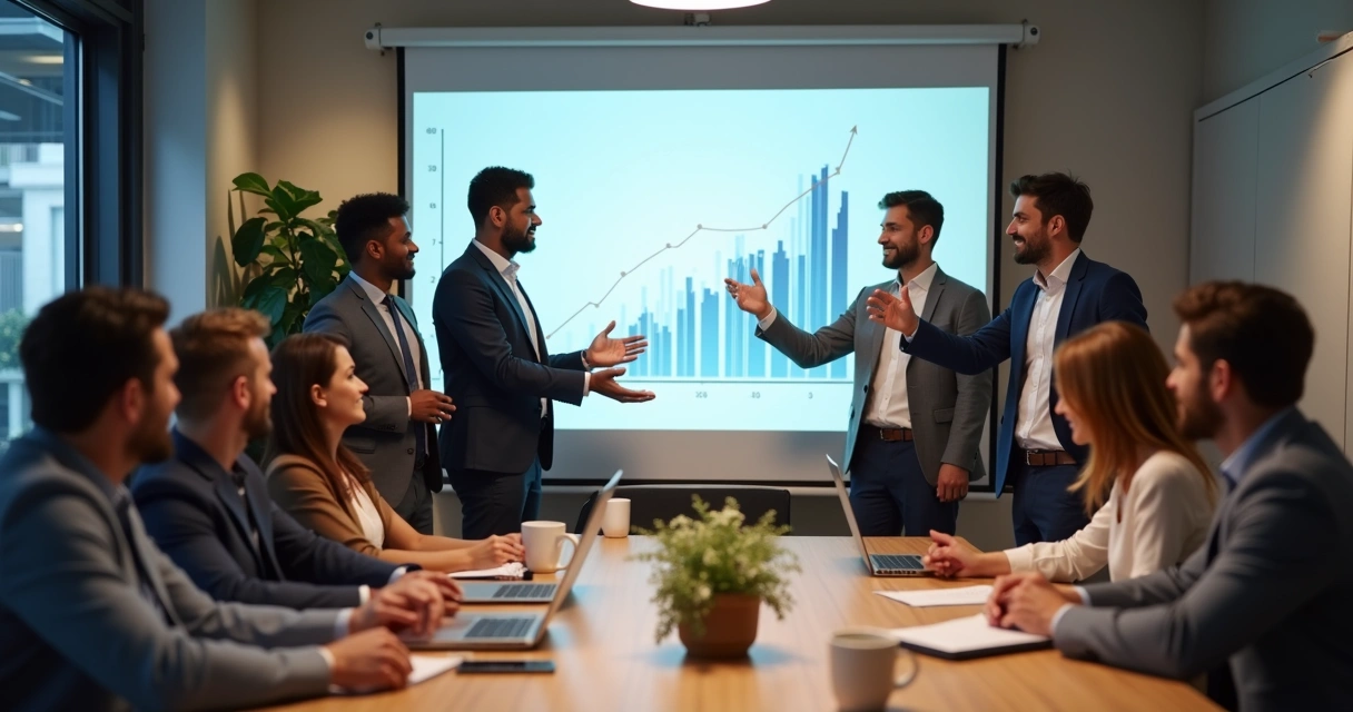 Time comercial celebrando aumento de vendas em ambiente corporativo. 