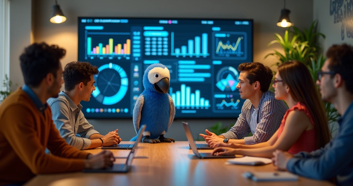 Equipe de atendimento analisando gráficos de chatbot 