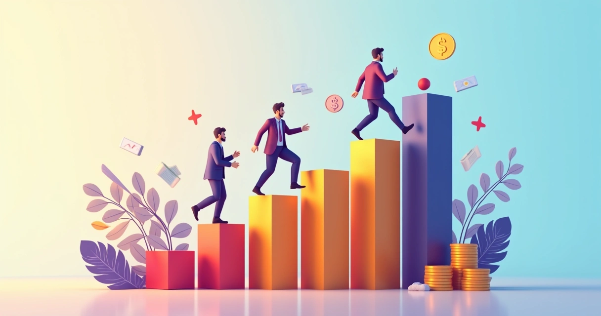 Gráfico de crescimento financeiro subindo com figuras humanas subindo escada 