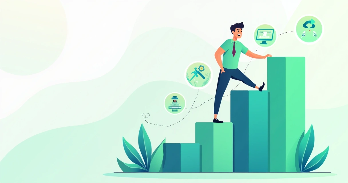 Empreendedor digital subindo gráficos crescentes em azul e verde. 