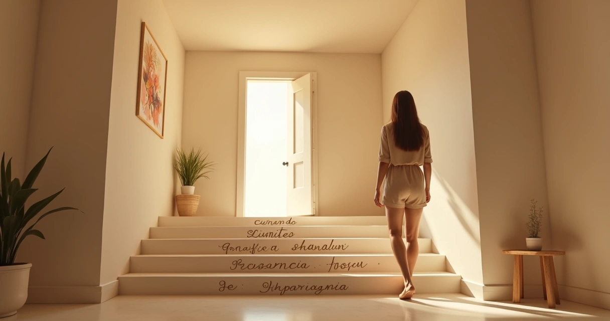 Persona subiendo una escalera hacia una puerta luminosa</ai_image 