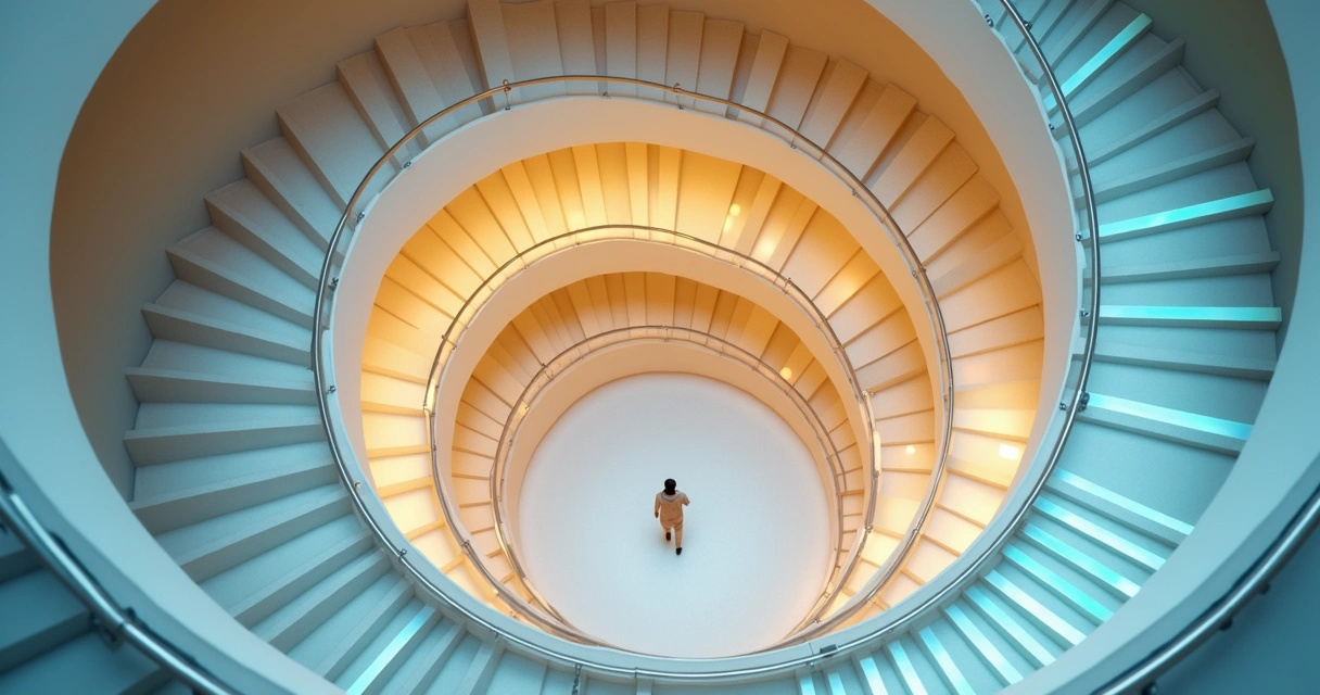 Persona subiendo escalera en espiral iluminada simbolizando ciclos de cambio vital 