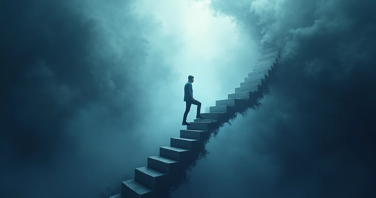 Hombre subiendo una escalera rodeada de obstáculos psicológicos 