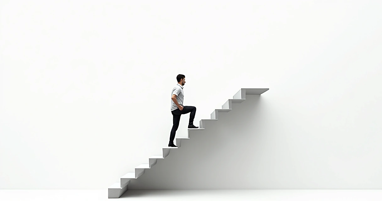 Persona subiendo una escalera hacia arriba, fondo blanco