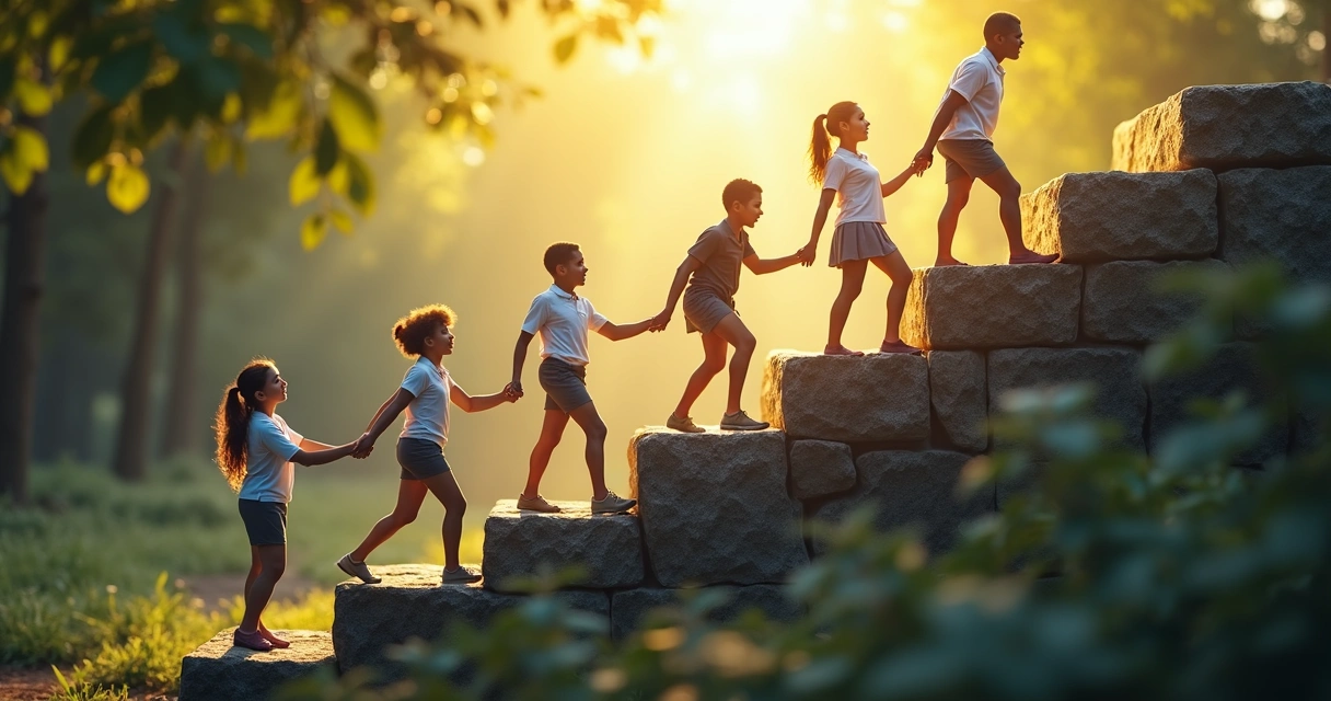 Escalera humana representando progreso emocional en grupo 