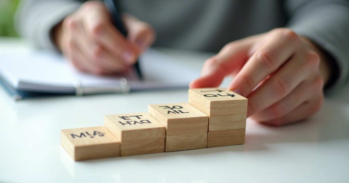 Mano escribiendo pequeñas metas en escalones de madera 