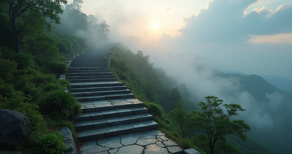 Escalera de piedra subiendo una montaña entre neblina 