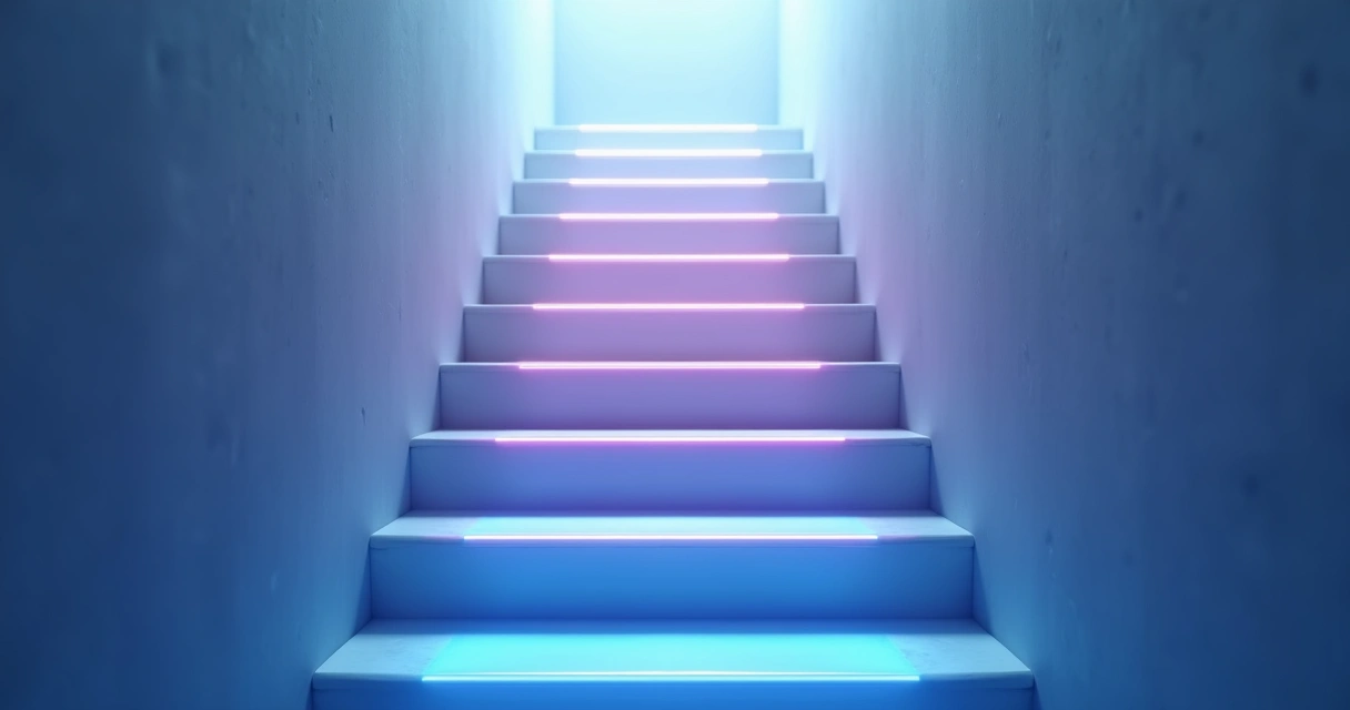Escalera abstracta mostrando siete niveles evolutivos ascendentes 