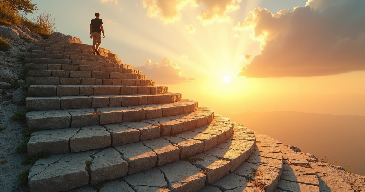 Persona subiendo una escalera de piedra hacia un amanecer desde un suelo agrietado 