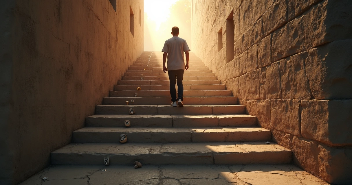 Persona subiendo escaleras con luz tenue, símbolo de progreso y aprendizaje 