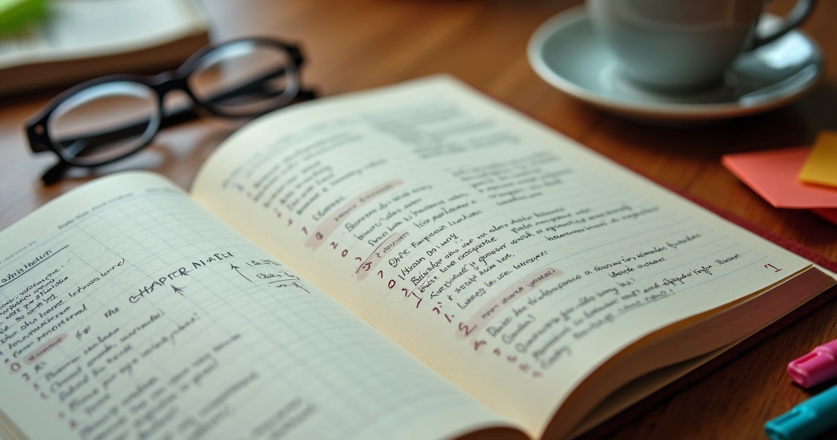 Caderno aberto com escaleta de capítulos anotada 