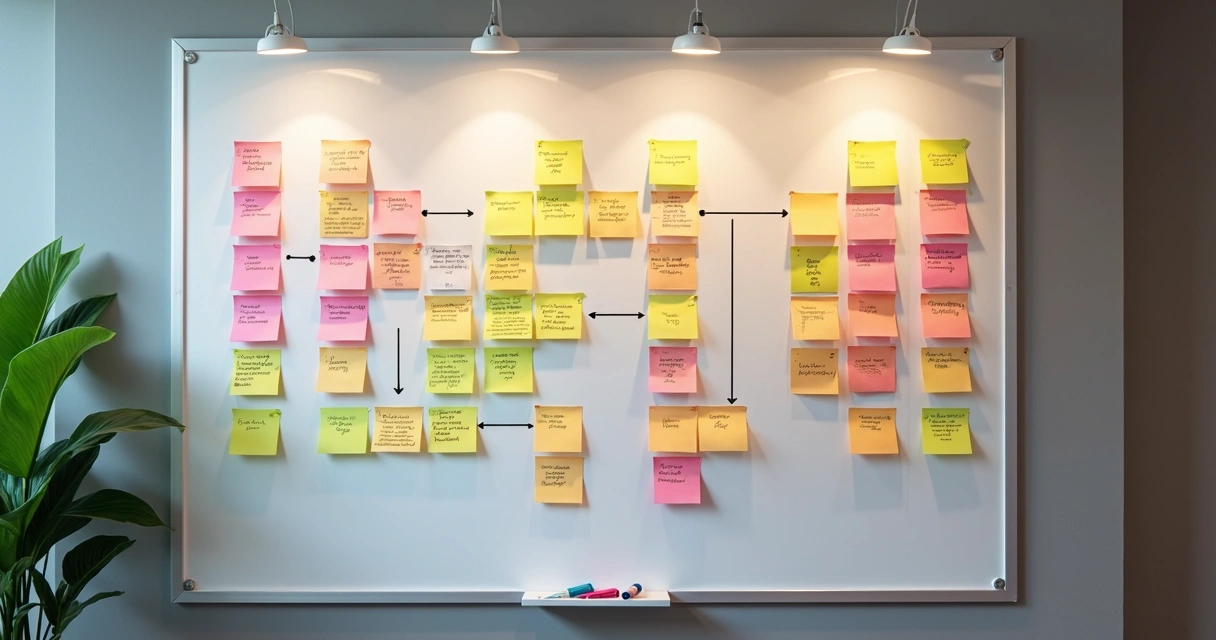 Quadro branco com post-its organizando cenas 