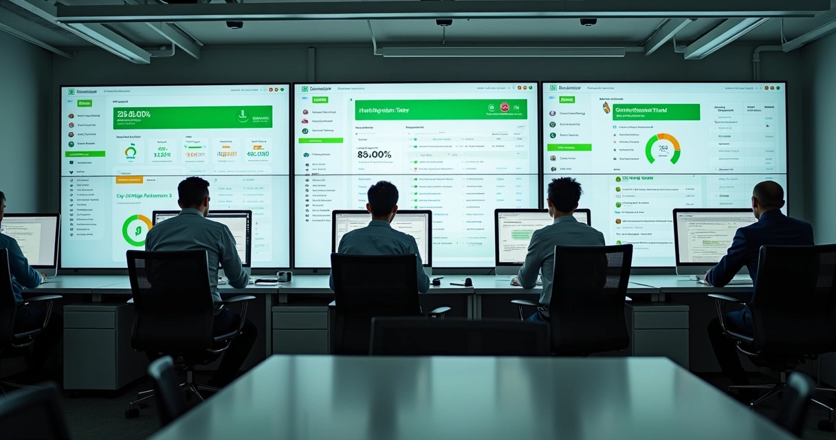 Central de atendimento condominial em operação, telas com fluxos de chamados, equipe acompanhando processos 