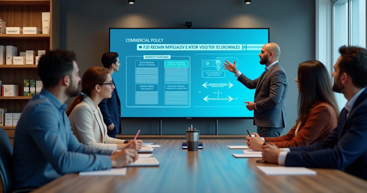Ilustração de equipe comercial discutindo alerta em uma tela grande 