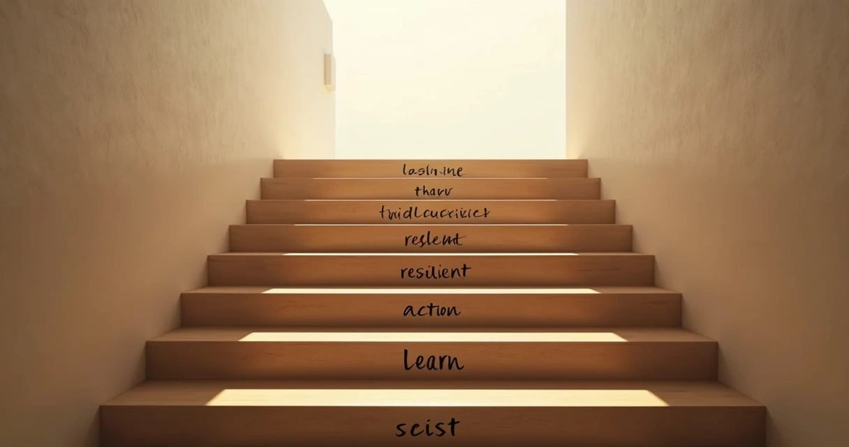Escalones con notas de aprendizaje y luz al fondo 