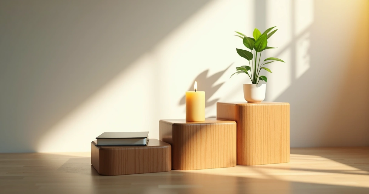 Escalones con cuaderno, planta y luz natural 