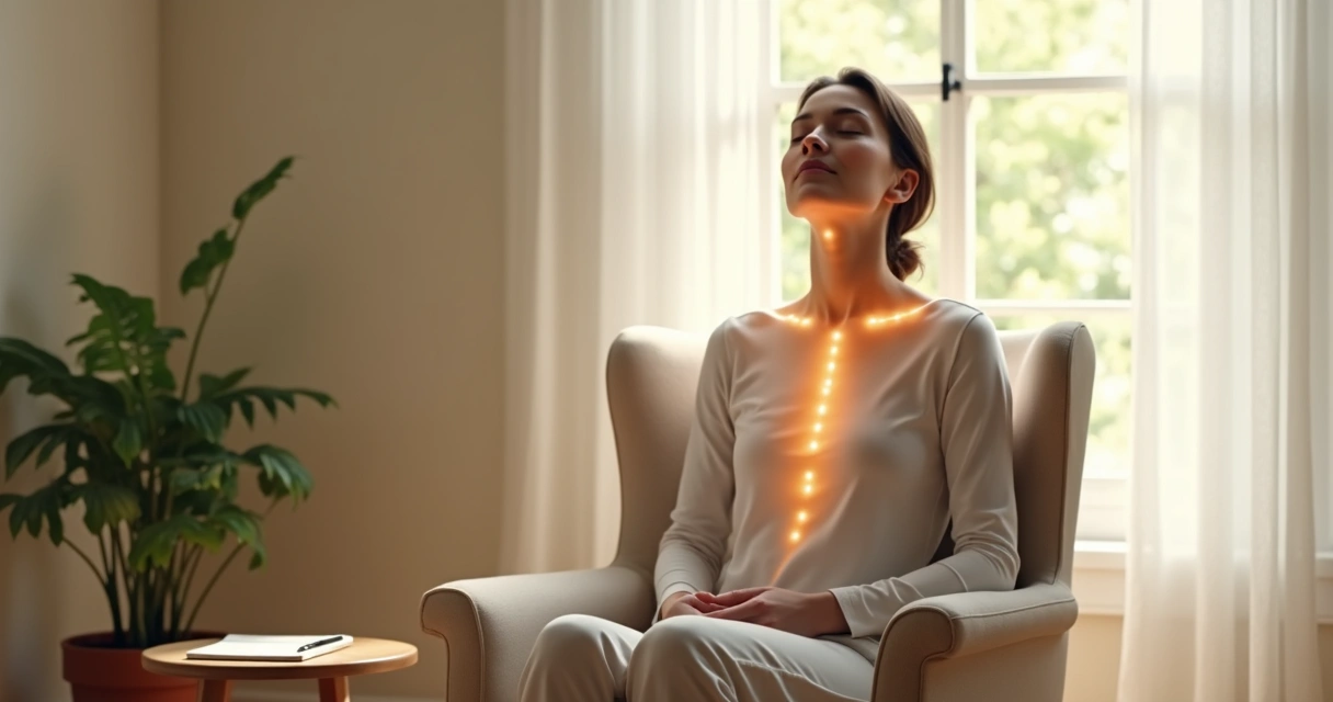 Pessoa sentada, olhos fechados, em postura ereta, fazendo escaneamento corporal mentalmente 