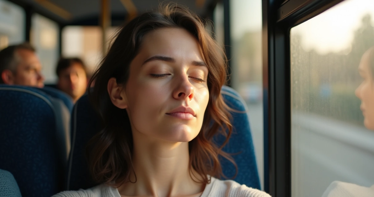 Mulher com olhos fechados sentada em ônibus, luz suave iluminando rosto. 