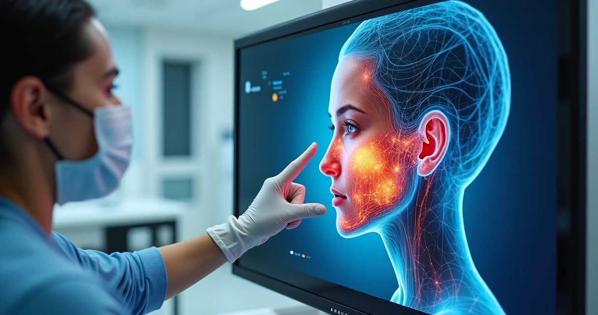 Mapeamento facial digital de uma mulher em tela de computador
