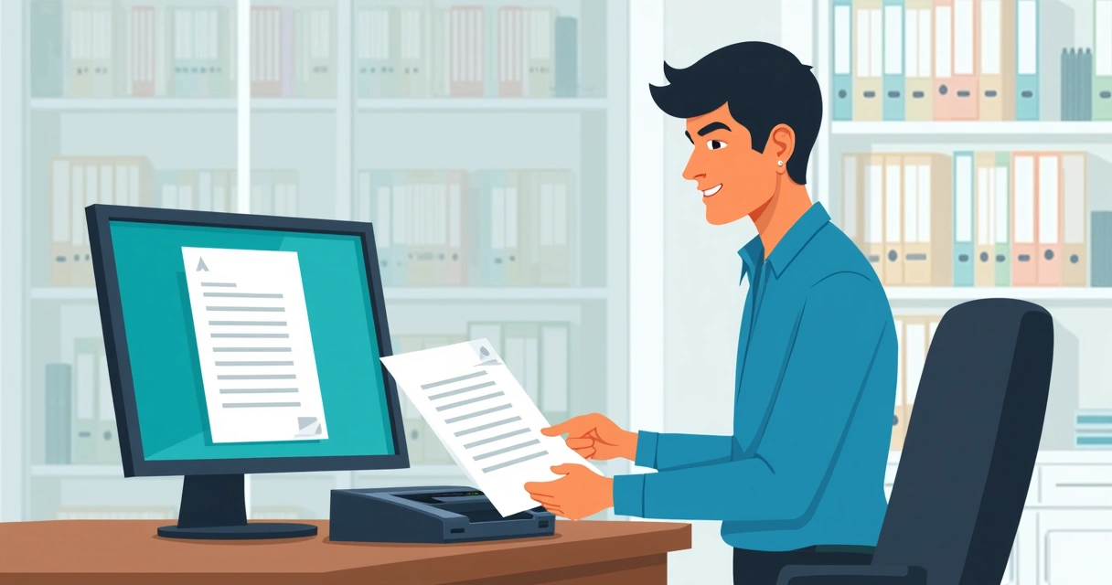 Empleado escaneando documentos en oficina moderna, pantalla mostrando archivo digitalizado 