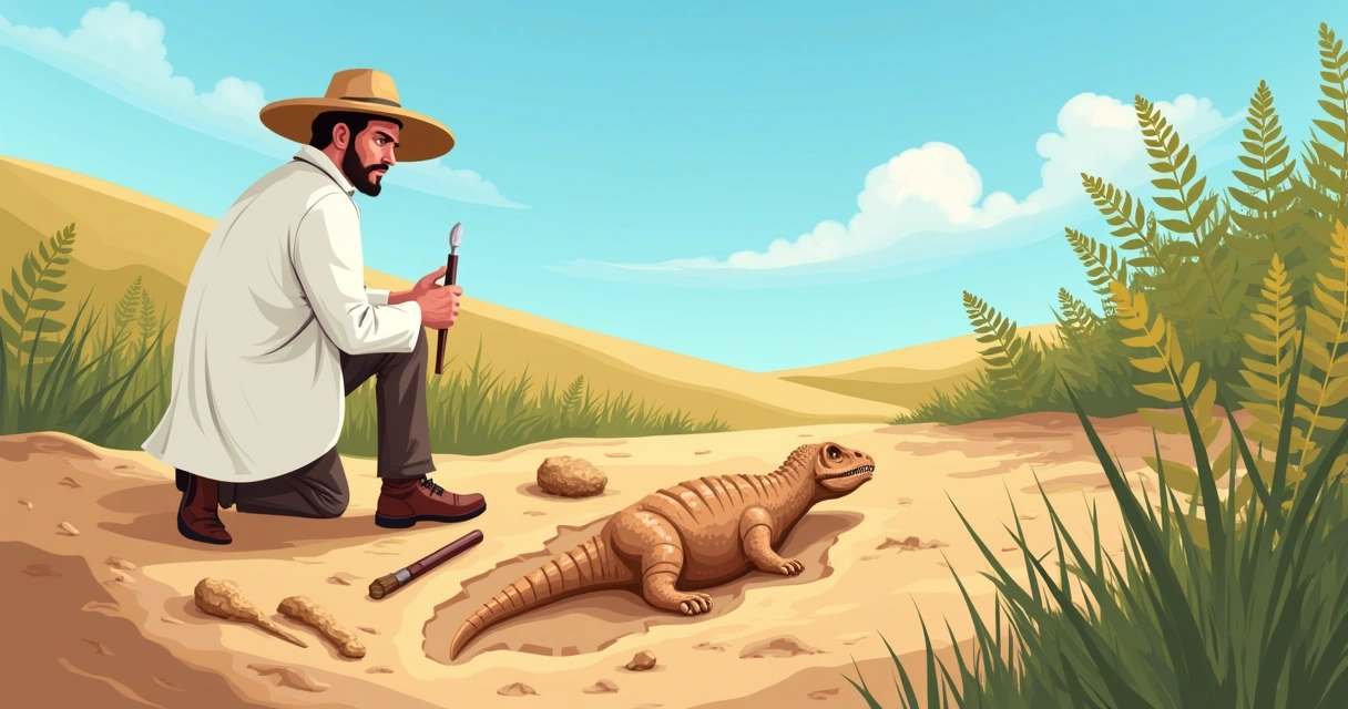 Escavação de fósseis de dinossauro em um sítio arqueológico em Portugal com um paleontólogo trabalhando.