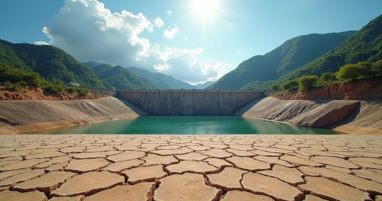 Represa de hidrelétrica com nível de água muito baixo 