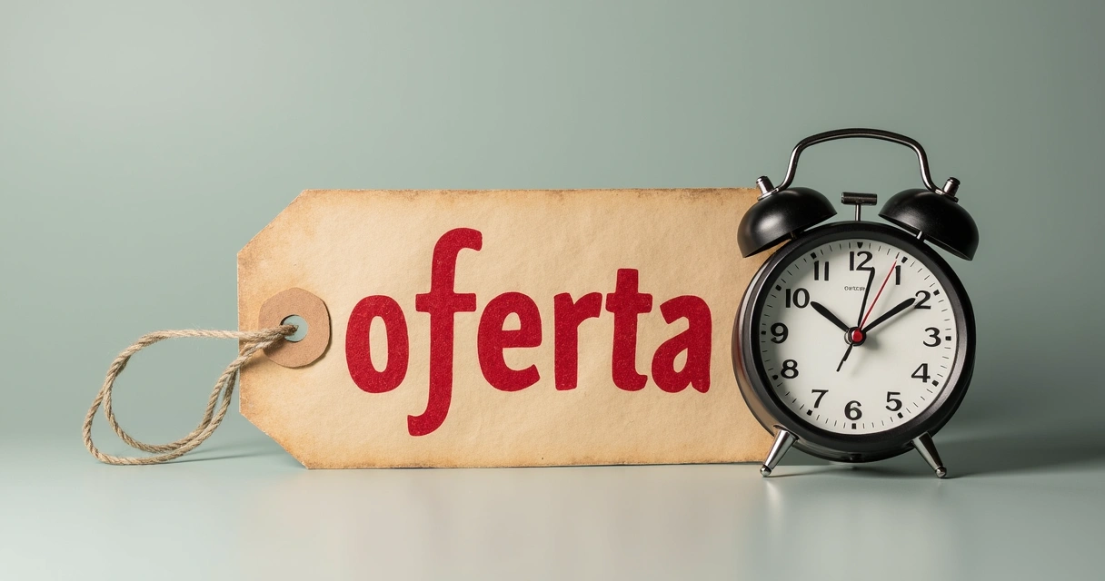 Relógio marcando tempo ao lado de rótulo escrito oferta, sobre fundo neutro