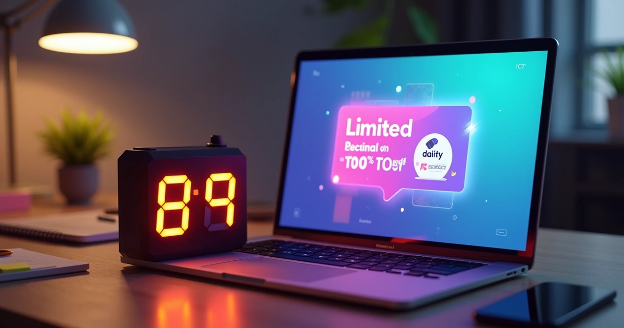 Relógio digital ao lado de uma tela de oferta limitada 