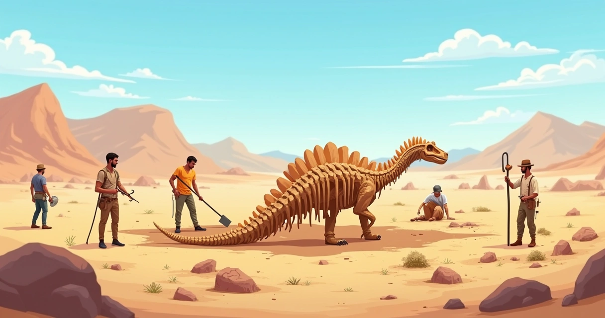 Escavação de fósseis de dinossauros em um deserto, arqueólogos trabalhando com ferramentas e um esqueleto exposto.