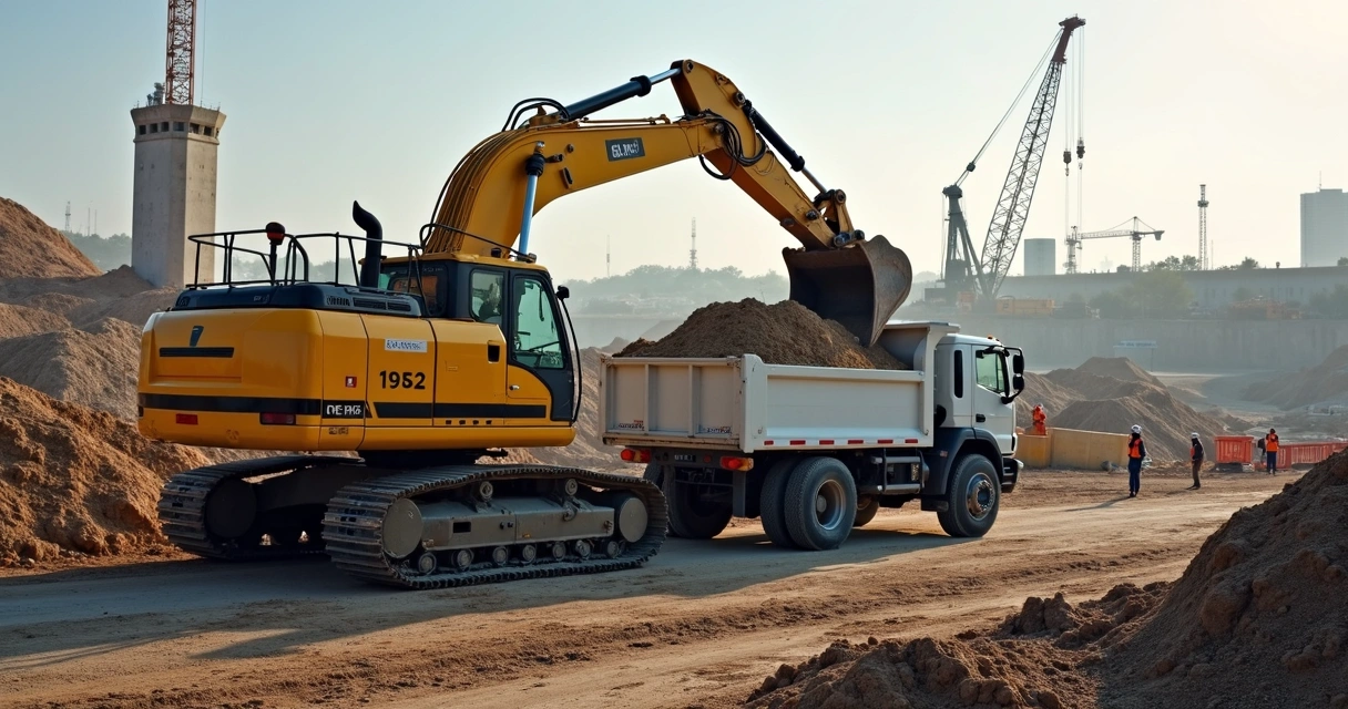 Escavadeira e caminhão trabalhando juntos em obra de construção civil.