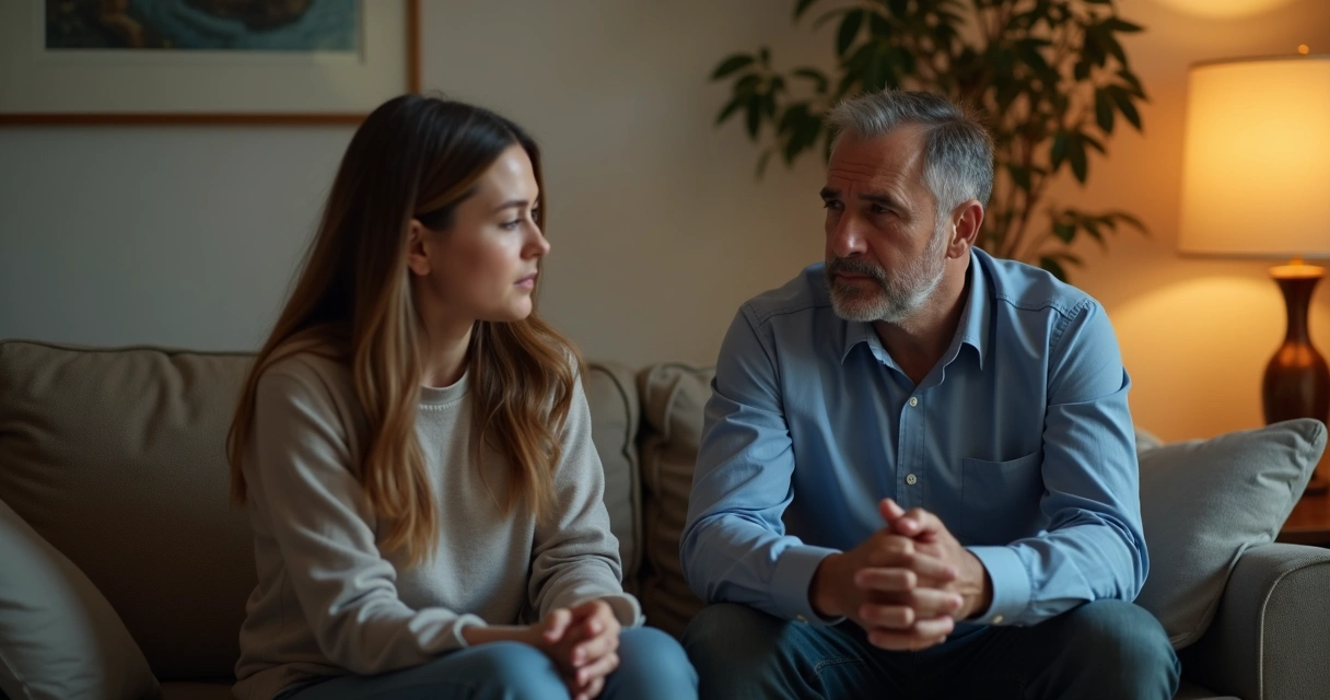 Persona con gesto de tristeza sentada, recibiendo atención de alguien más.