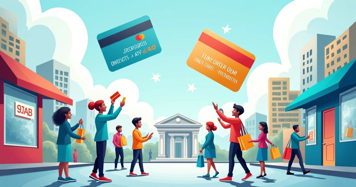 Ilustración de personas usando tarjetas de crédito en un entorno urbano colorido con promociones y beneficios.
