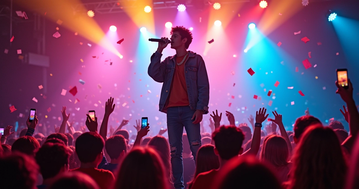 Joven cantando en escenario con luces de colores