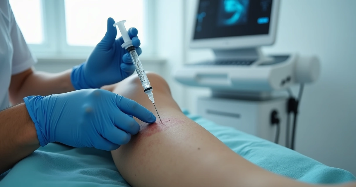Médico realiza escleroterapia em perna com telangiectasias em ambiente de clínica moderna 