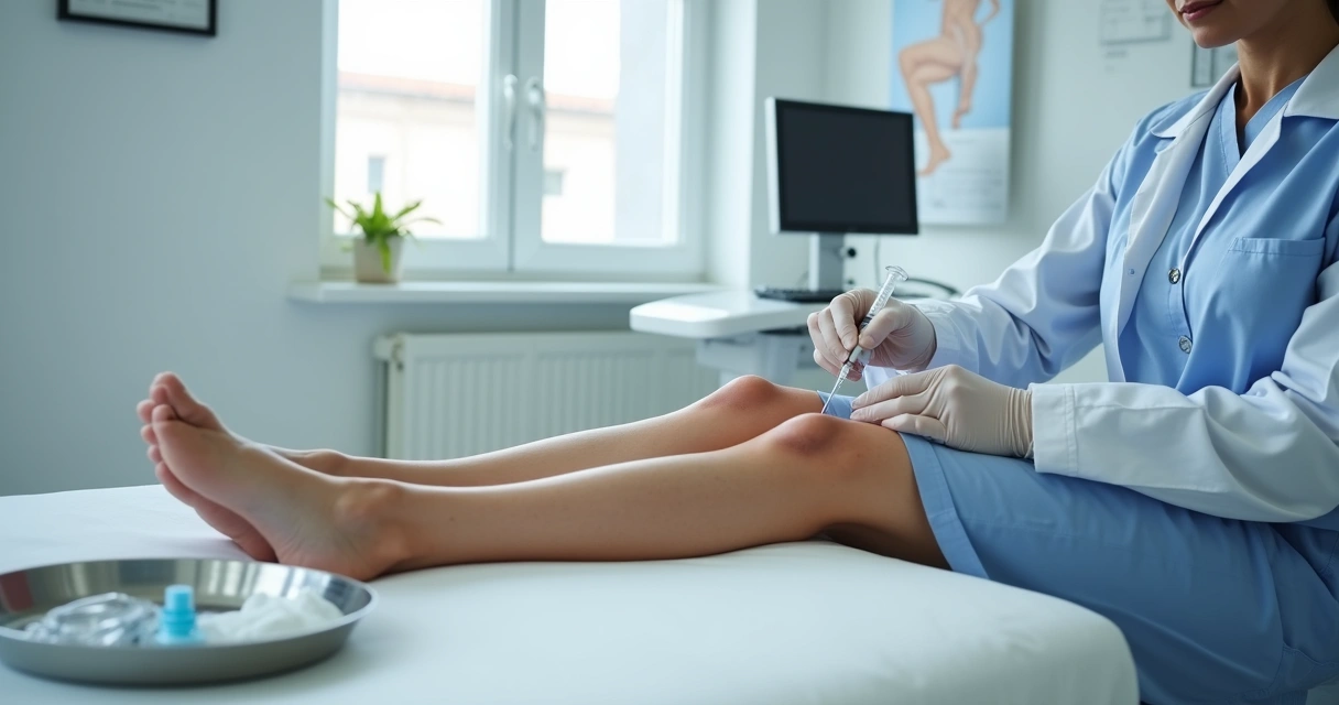 Aplicação de espuma para varizes na perna em consultório vascular 